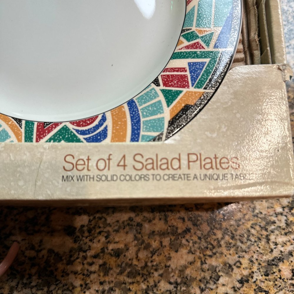 Furio 4 Salad Dessert Appetizer Plates White Geometric Abstract Multicolor 8" - Picture 3 of 6